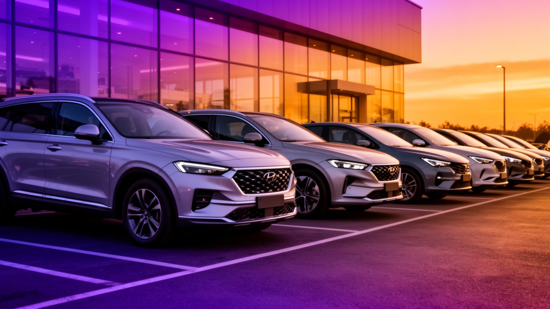 A fleet of rental cars parked at a dealership at dusk